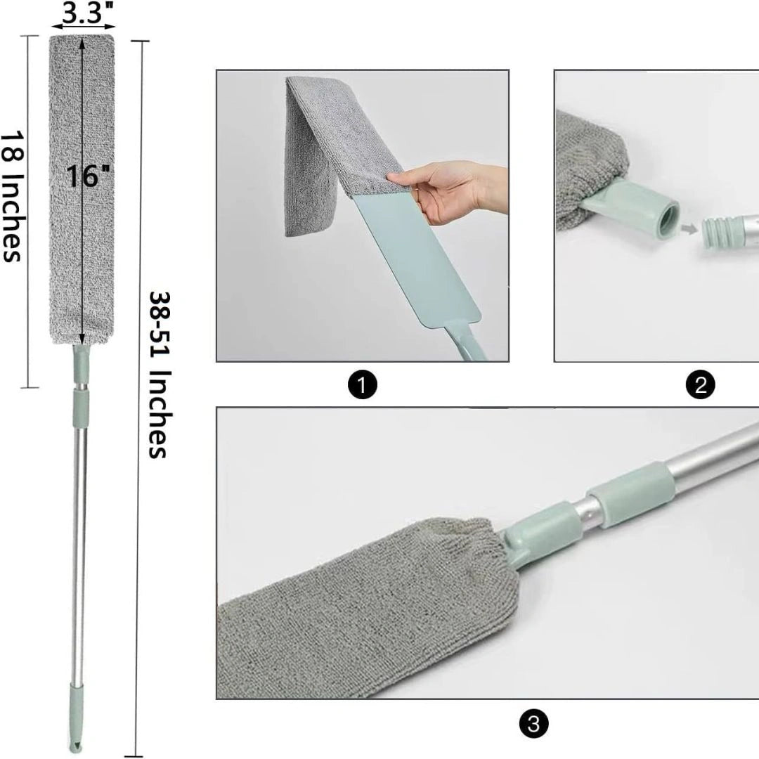 Extension pole reaching ceiling fan for dusting